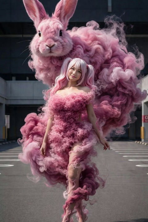 烟雾粉裙少女与巨兔 效果预览