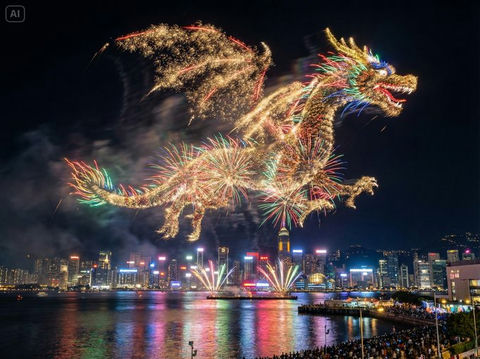烟花在水滨城市上空勾勒出主题的形状 效果预览