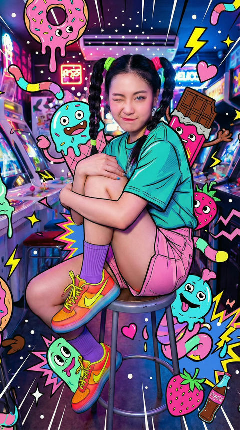 年轻女子侧坐在街机凳上 效果预览