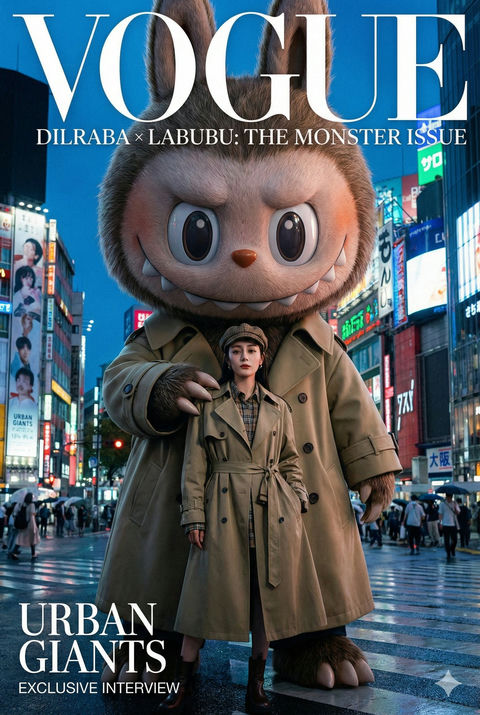 Labubu和迪丽热巴高端时尚跨页大片 效果预览