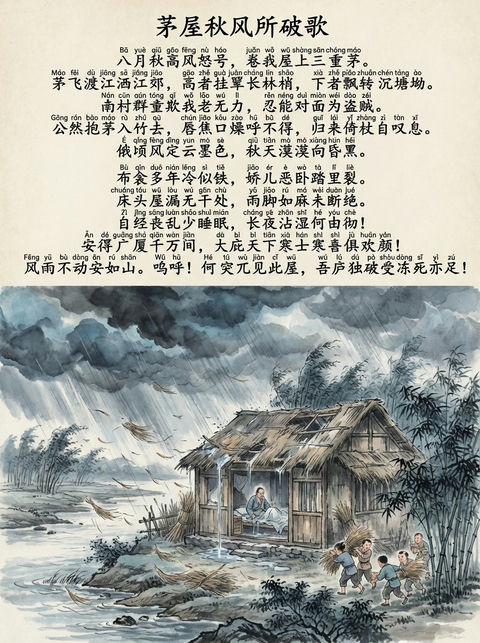 茅屋秋风所破歌中文和拼音图 效果预览
