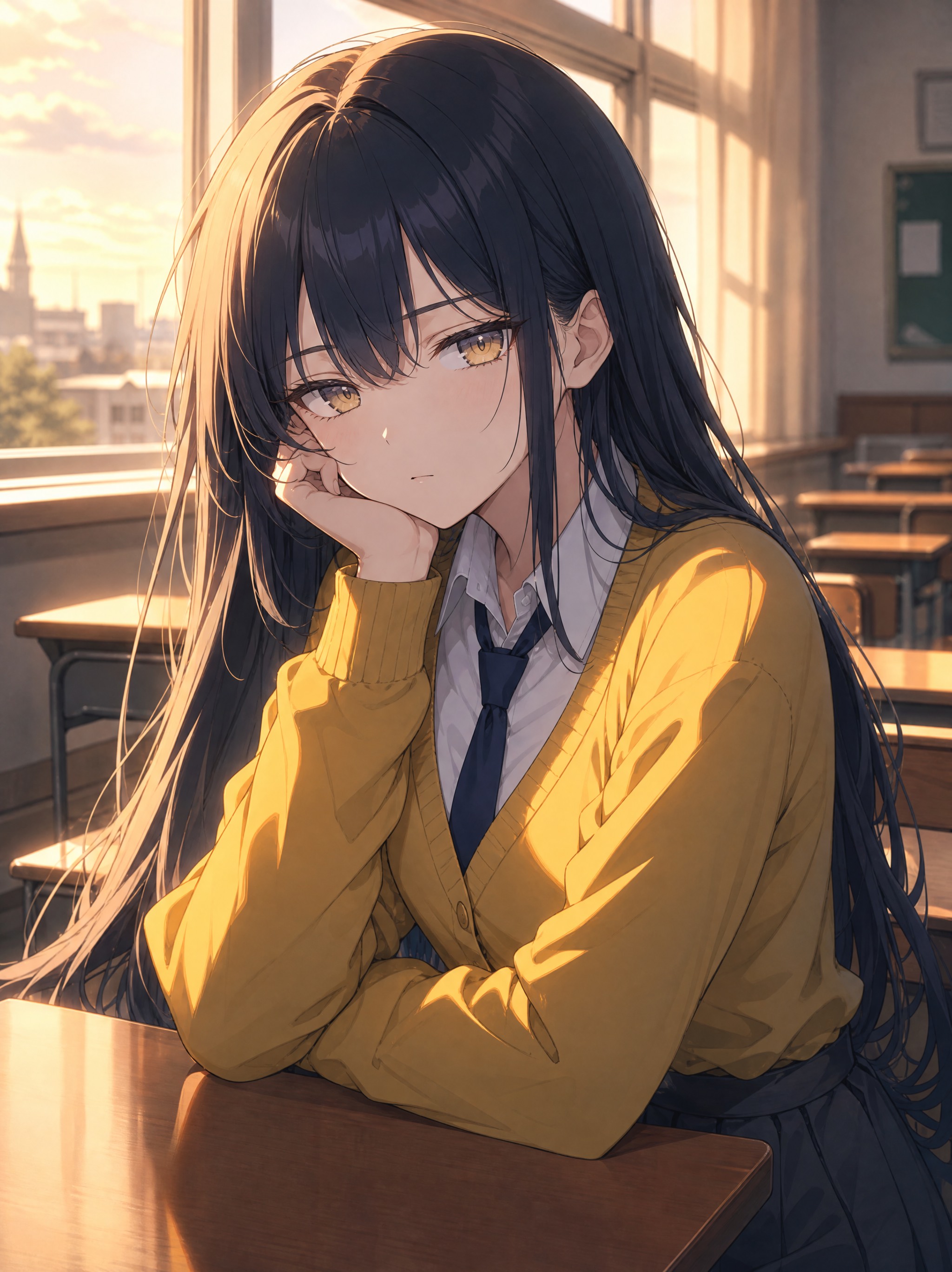 放学教室托腮的青春动漫少女 效果预览