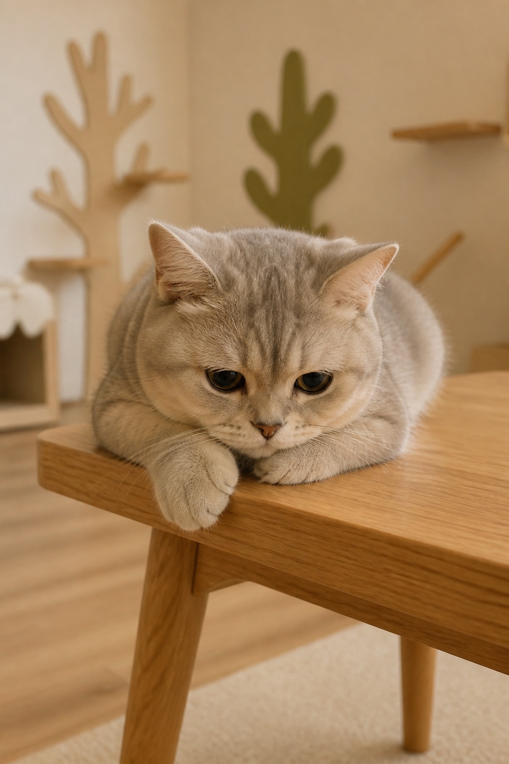 一只毛皮柔软的短毛猫躺在木桌边缘 效果预览