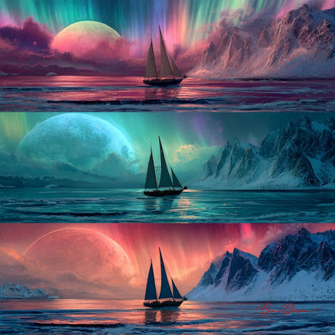 海洋中三艘不同的奇幻帆船 效果预览