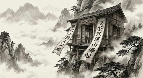 悬崖茶馆水墨对联画