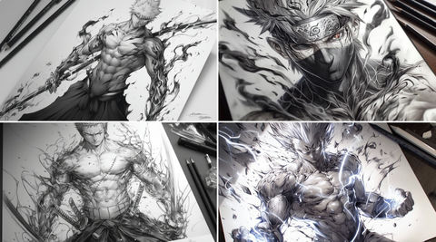 元素环绕的铅笔素描角色