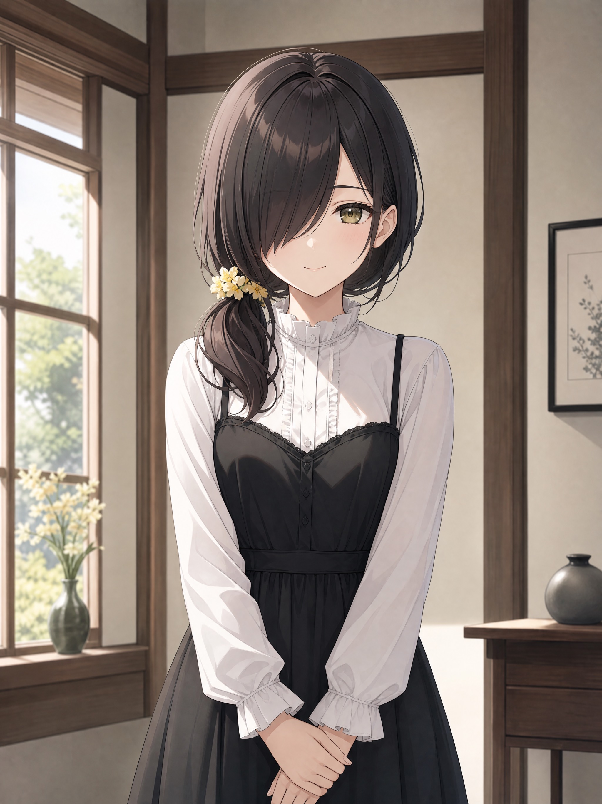 优雅低马尾黑发动漫少女