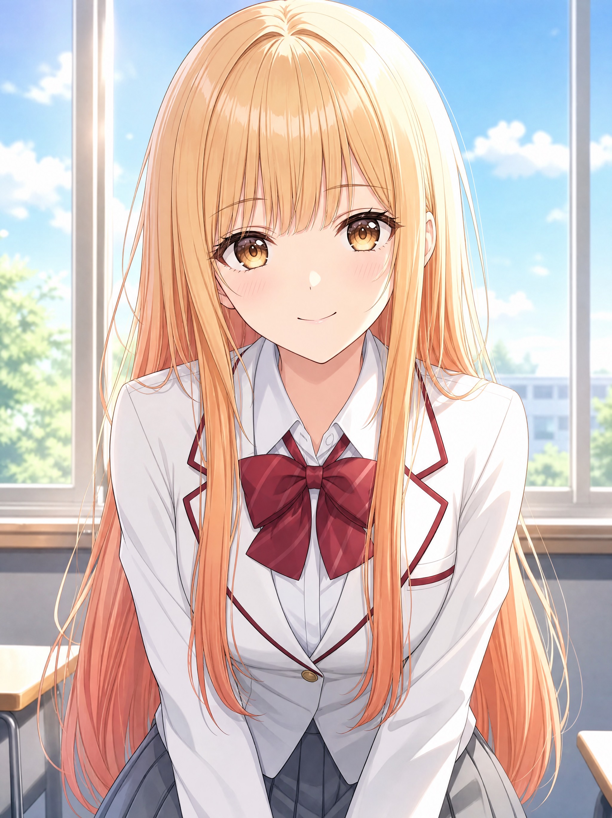 「現代的な学園アニメ風イラスト。ハニーブロンドから淡いオレンジへ変化するストレートロングヘア、琥